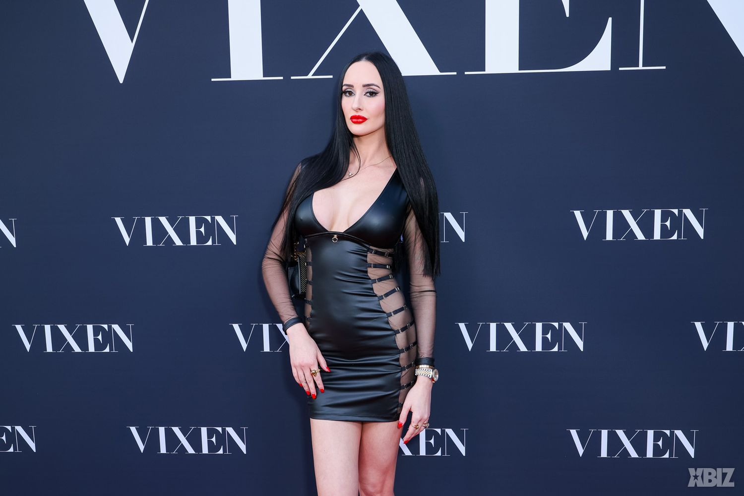 A woman in a black leather dress with mesh sleeves poses on a red carpet in front of a backdrop with the word VIXEN repeated in white letters.
