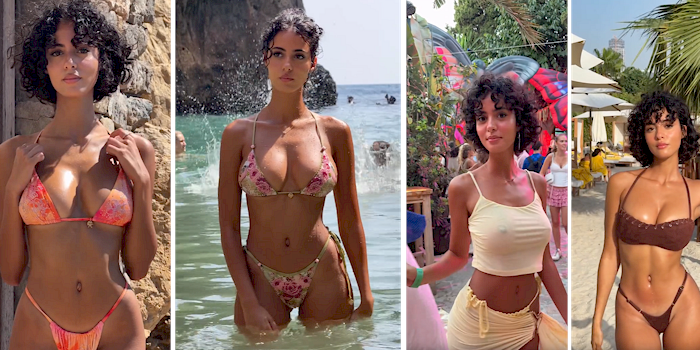 A woman with curly hair poses in four settings: wearing a bikini by a rock wall, in the sea, in a yellow crop top and pants at a beach party, and in a brown bikini near lounge chairs.