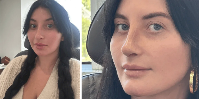 A woman with long dark hair in braids and blue eyes sits indoors, wearing a cream sweater. The right side shows a close-up of her face with gold hoop earrings.