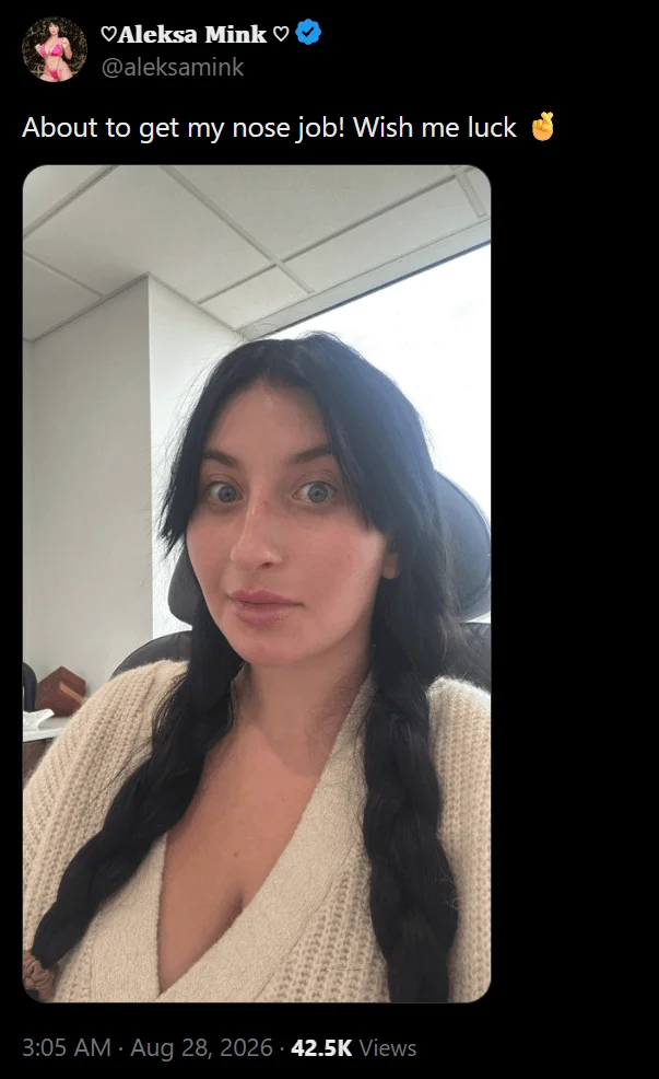 Woman with long dark braids and a cream sweater sits indoors, looking at the camera with a neutral expression. Tweet text above reads, About to get my nose job! Wish me luck with a fingers-crossed emoji.