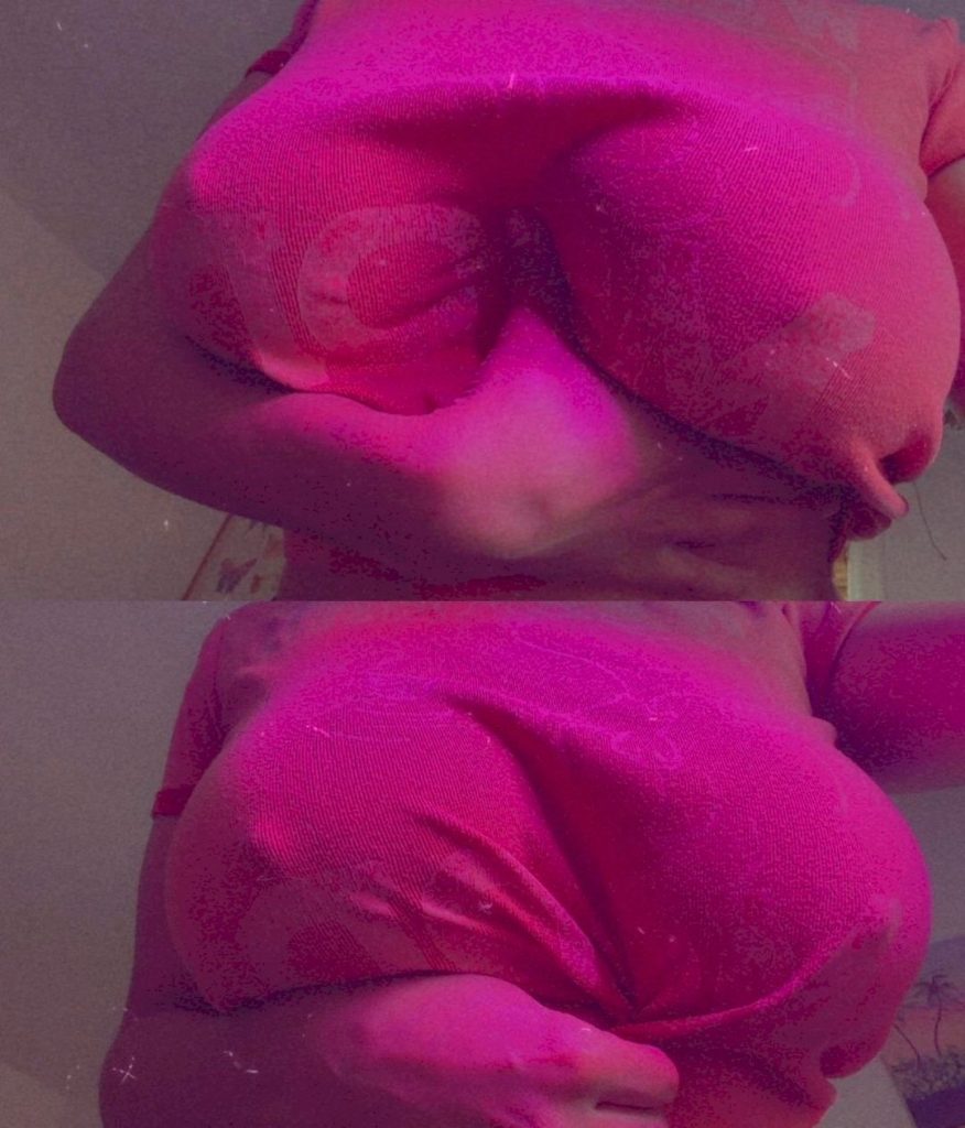 A two-panel collage showing a girl wearing a bright pink t-shirt. The top panel shows the chest area from a high angle, and the bottom panel shows the chest area being held or adjusted, with a strong pink-tinted filter over the image.