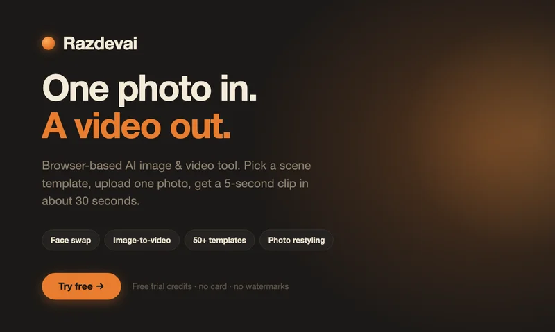 A dark-themed webpage advertises Razdevai, an AI image and video tool. Text reads One photo in. A video out. with orange accents. Buttons offer features like face swap and a Try free button is visible at the bottom.