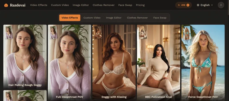 A screenshot of the Razdevai website interface, showing a navigation menu and a gallery of images featuring various women with explicit text labels overlaid on each thumbnail.
