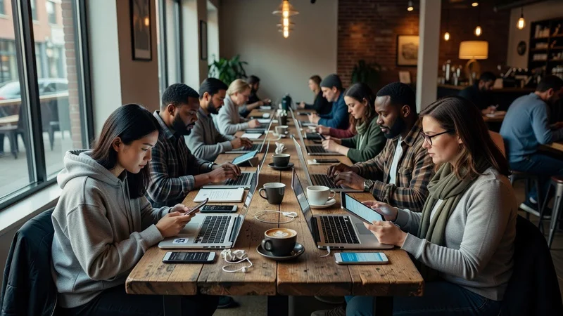 People sit at long tables in a cozy café, working on laptops, tablets, and phones. Coffee cups and notebooks are scattered on the wood tables, with warm lighting and large windows in the background.