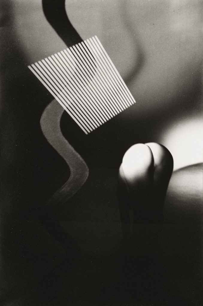 Black and white abstract photo with a wavy shadow, a comb-like object with striped shadows, and a rounded shape resembling a smooth stone or sculpture, set against a blurred, soft-focus background.