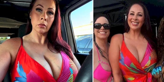 Two side-by-side photos of a woman wearing a colorful red dress with a deep neckline, one of her alone in a car and one smiling next to another woman at an outdoor event.