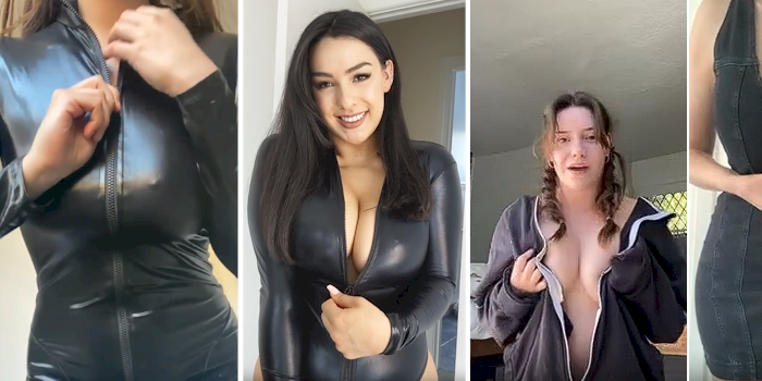 A collage of four photos showing women wearing various black fitted garments, including a zip-front bodysuit and a denim dress.