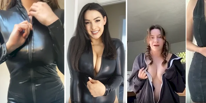 A collage of four photos showing women wearing various black fitted garments, including a zip-front bodysuit and a denim dress.