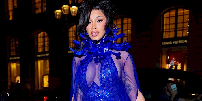 Cardi B wears a blue sheer gown with a feathered neckline and skirt, standing on a city street at night.