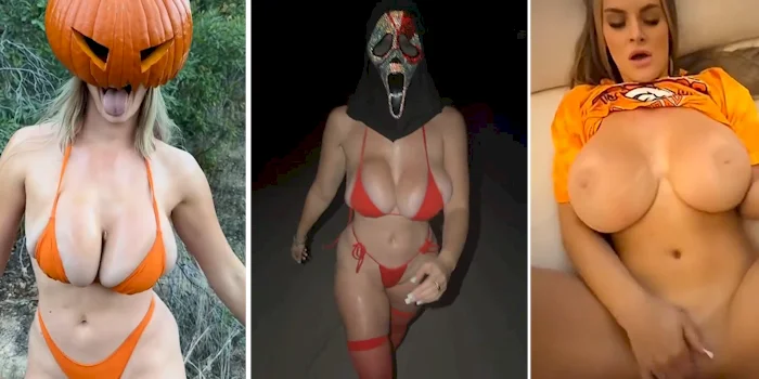 A collage of three photos featuring a woman in an orange bikini wearing a pumpkin mask, same woman in a red bikini wearing a glittery Ghostface mask, and the woman nude on her back having sex.