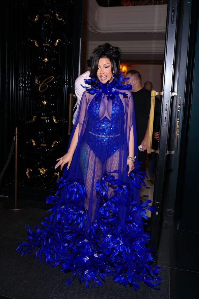 Cardi B wearing a sheer, blue floor-length gown featuring a high neck and feather embellishments.